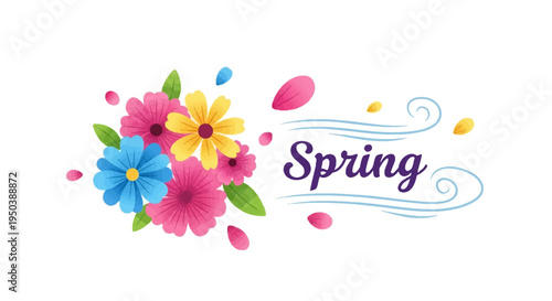 Colorful illustration of blooming flowers and the word 'Spring' on a white background, symbolizing the March Equinox and the start of the spring season with a joyful and floral decoration
