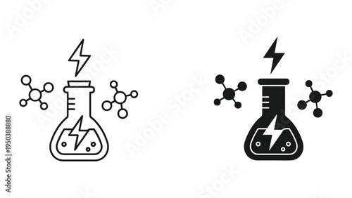 Chemical Reaction & Energy, Flask with Lightning Bolt and Molecules Icons