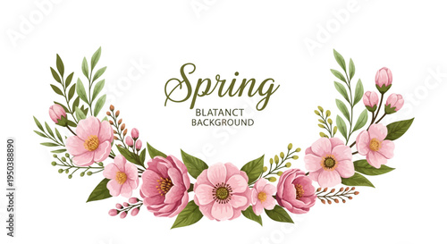 Vector illustration of a colorful spring floral wreath with pink flowers and green leaves on a white background for decoration