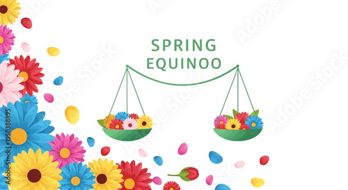 A colorful illustration of a spring equinox scene with balanced scales filled with flowers and confetti, surrounded by blooming flowers and decorative elements on a white background