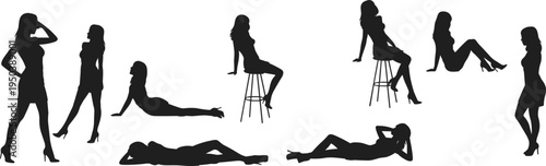 Woman silhouette collection in fashion poses standing, sitting and lying isolated on white background, female model figure vector illustration set for design