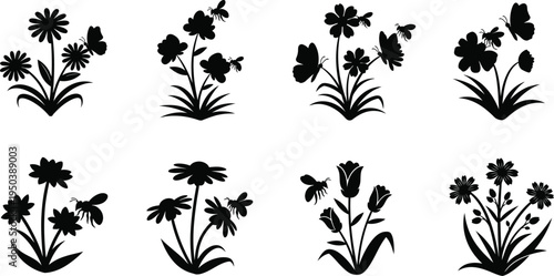Collection of eight unique floral silhouettes in black on a white background showcasing various plant species and foliage