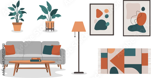 Modern living room setup with abstract art, plants, and furniture