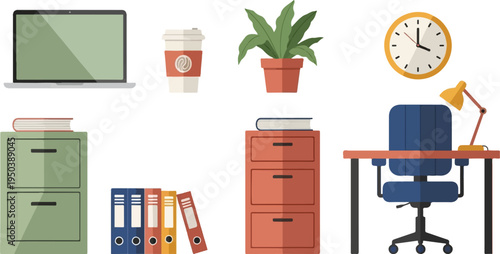 Office desk with laptop, chair, lamp, files, clock, plant, coffee