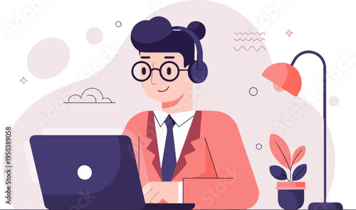 Person with headphones and glasses at laptop, desk lamp, plant