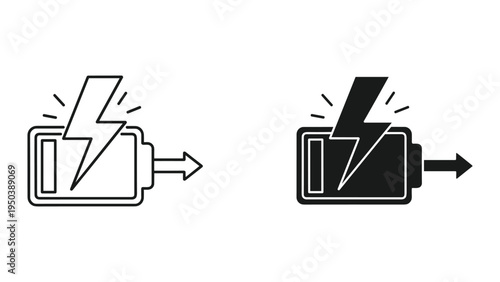Battery Charging Icon with Lightning Bolt and Arrow - Black and White Line Art and Silhouette