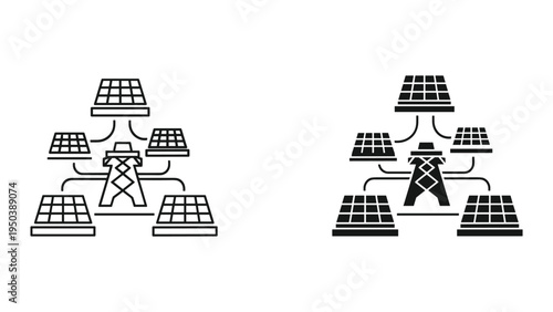 Solar Farm Power Grid Connection Icon Set: Line Art and Solid Black Style
