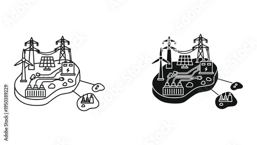 Renewable Energy Grid Connection: Wind Turbine, Solar Panel, Battery Storage, and Power Lines