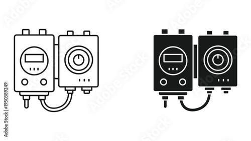 Dual Electric Water Heater Icons: Line Art and Solid Fill, Digital Display and Dial Control