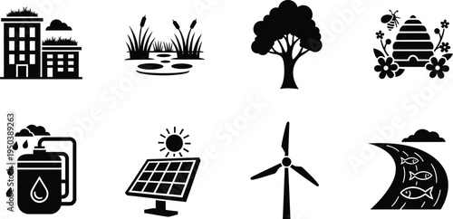 Eco friendly sustainable energy and environmental icons set