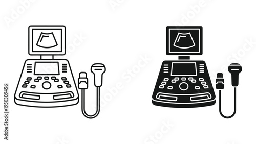 Ultrasound Machine Icon and Silhouette Set: Medical Imaging Equipment for Diagnosis
