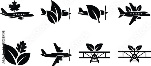 Airplane and leaf silhouette icons for travel and nature themes