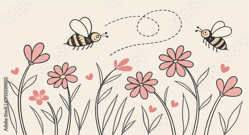 Charming vector illustration depicting a delightful spring scene with busy bees flying around blooming pink flowers, perfect for cheerful nature-inspired designs