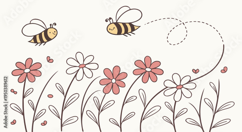 Whimsical illustration of cheerful bees flying over a blooming spring garden, adorned with delicate flowers and playful butterflies in a charming hand-drawn style
