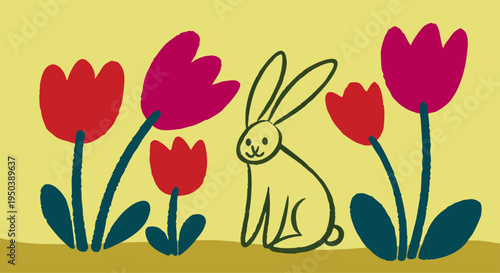 Whimsical springtime scene with a cheerful bunny hopping among bright red and pink tulips in a stylized garden illustration, evoking nature's beauty and gentle joy