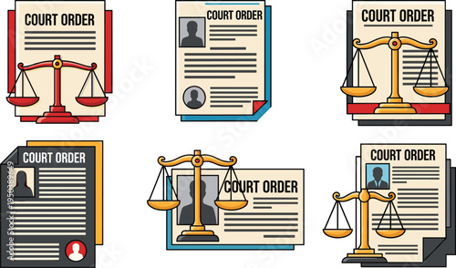 Vector illustration of court order documents with justice scales and profile icons for legal and judicial artwork