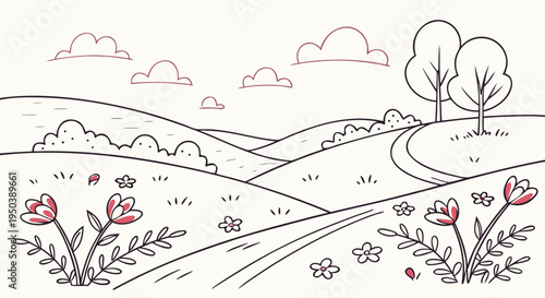 Serene Vector Line Art Landscape with Rolling Hills, Winding Paths, Blooming Flowers, and Distant Trees Under a Cloudy Sky