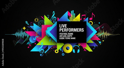 Vibrant live music performance graphic with colorful stars and sound waves on black background