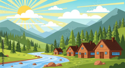 Serene mountain village with river trees and houses under sunny sky with mountains