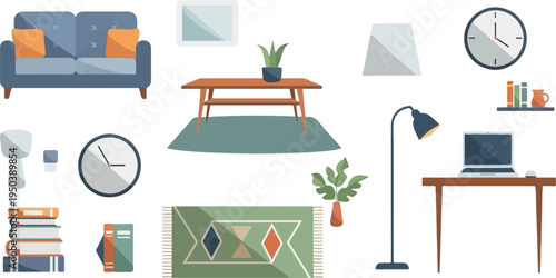 Modern living room and study elements displayed flat