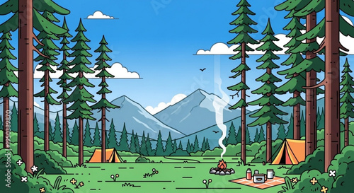 Camping in a serene forest with tents campfire and majestic mountains under a blue sky with fluffy clouds