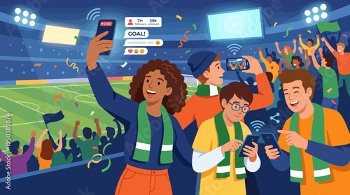 Passionate fans in a vibrant stadium celebrating and digitally sharing the thrilling moments of a live football world cup match, creating an electric atmosphere
