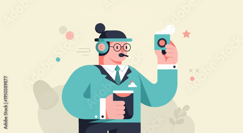 Flat illustration of a business person with headset holding a drink