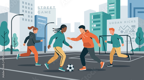 Young diverse players engaging in an energetic street football match, dreaming of a world cup victory amidst the bustling urban landscape