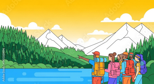 Group of hikers with backpacks standing by serene lake with snow capped mountains and lush green forest at sunrise