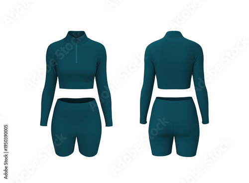 Women’s Half Zip Tracktop and Shorts Set Mockup. Front, Side, Back View
