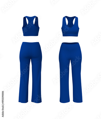 Women’s Racerback Sports Bra and Baggy Leggings Gym Wear Set. Front, side and back view. 3d rendering, 3d illustration
