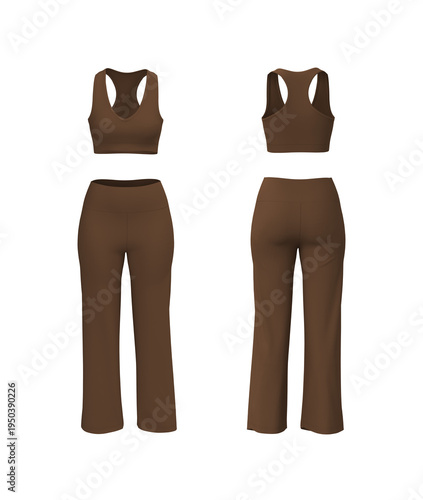 Women’s Racerback Sports Bra and Baggy Leggings Gym Wear Set. Front, side and back view. 3d rendering, 3d illustration