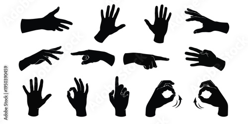 Collection of various hand gestures and hand positions in silhouette form