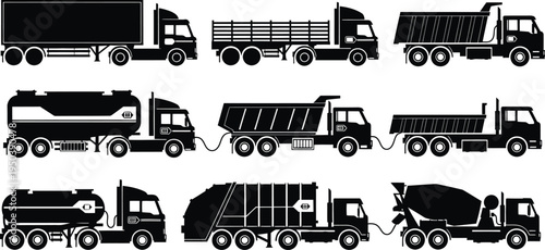 A collection of various types of trucks and semi trucks in black silhouette on a white background