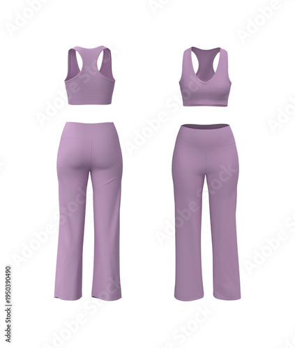 Women’s Racerback Sports Bra and Baggy Leggings Gym Wear Set. Front, side and back view. 3d rendering, 3d illustration
