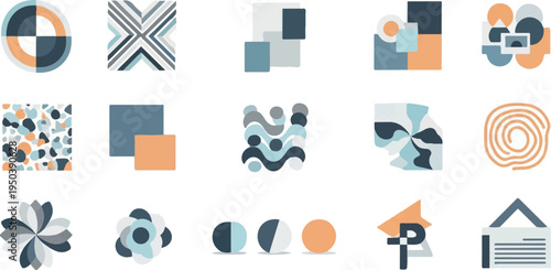 Collection of abstract geometric and organic shapes in muted color palette