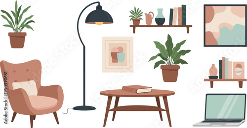 Cozy interior scene with armchair, plants, lamp, table, and artwork