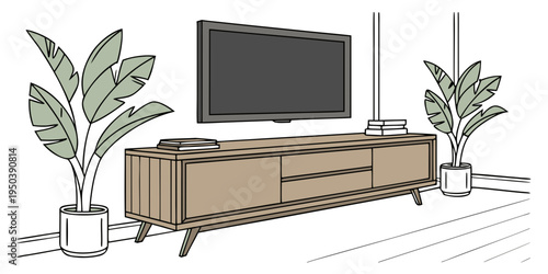 Modern living room with a wooden tv stand and potted plants