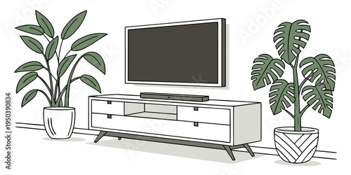 Modern living room with television and potted plants on either side