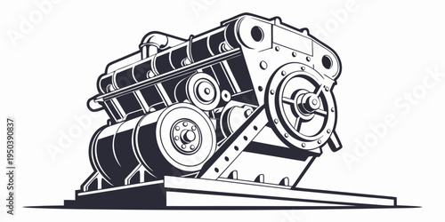 A detailed illustration of a complex engine with various components and parts
