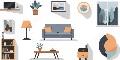 Modern living room scene with sofa, shelf, plants, and window view