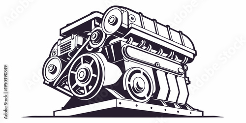 A detailed illustration of a complex engine with various mechanical components.