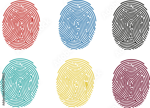 Vector illustration of colorful fingerprint designs in red, blue, black, teal, yellow, and maroon for identity and security artwork