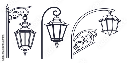 Three vintage-style lanterns with intricate designs and curved poles