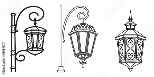 Three vintage lanterns with intricate designs and hanging mechanisms