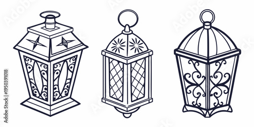 Three vintage lanterns with intricate designs and handles on top