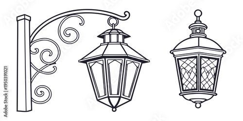 A beautifully illustrated image of three vintage street lamps with intricate designs