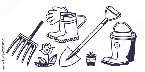 A collection of gardening tools and equipment for maintaining a garden.