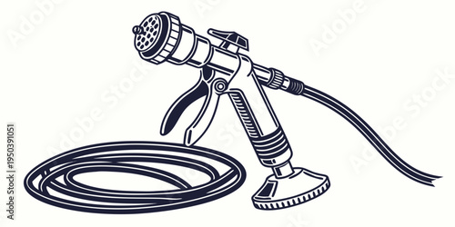 A black garden hose with a silver nozzle lying on the ground