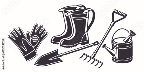A collection of gardening tools including gloves, boots, a spade, a fork, and a watering can.